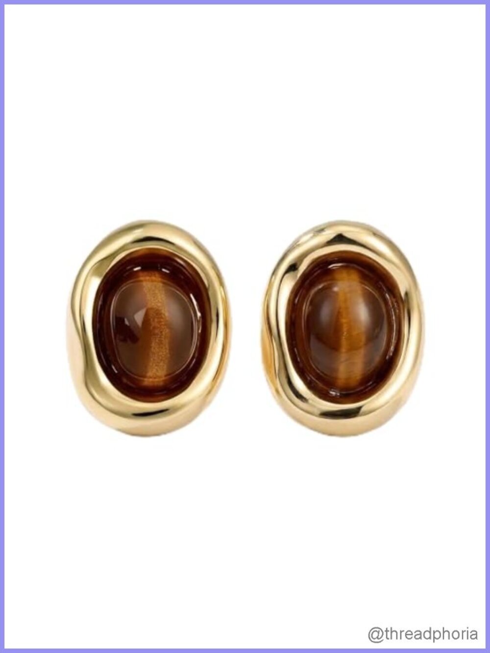 Gold Plated Tiger Eye Stud Earrings for Women, Oval Gemstone Earrings, Bezel